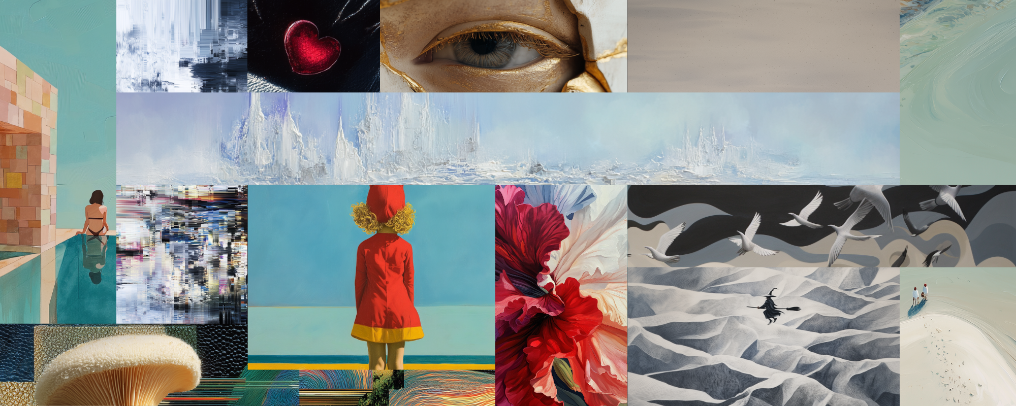 Collage of various artistic images including a heart, eye, cityscape, and landscapes.