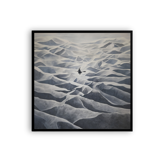 Surreal Witch Flying Over Mountains – Dark Fantasy Minimalist Wall Art