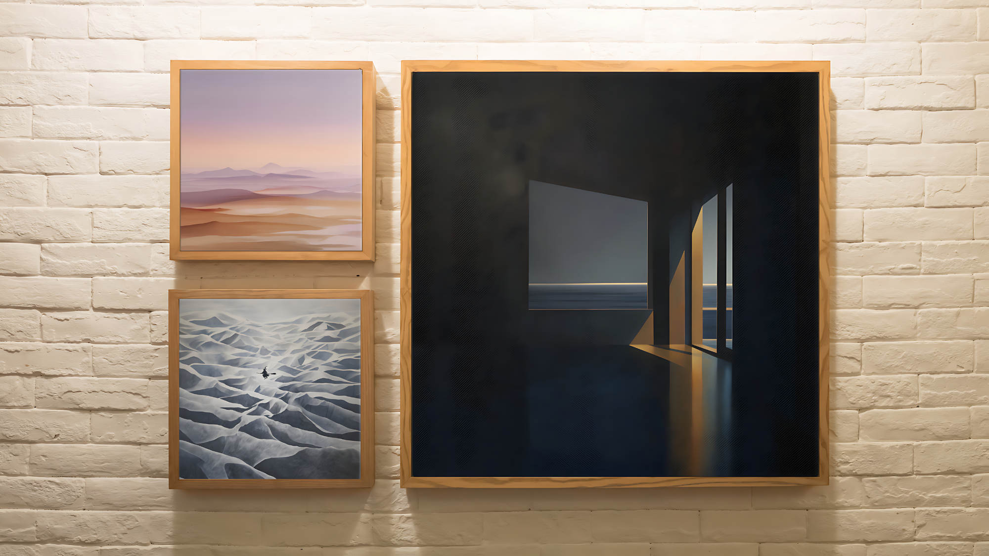 Three framed artworks on a brick wall