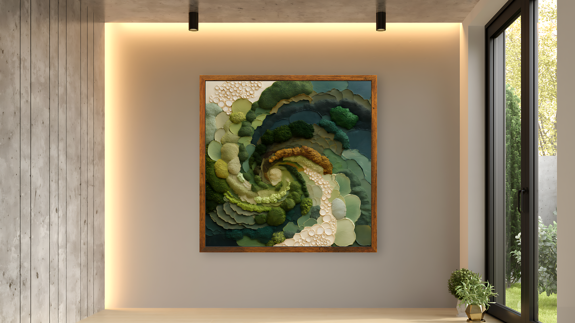 Decorative wall art with a swirling pattern in a modern interior setting.