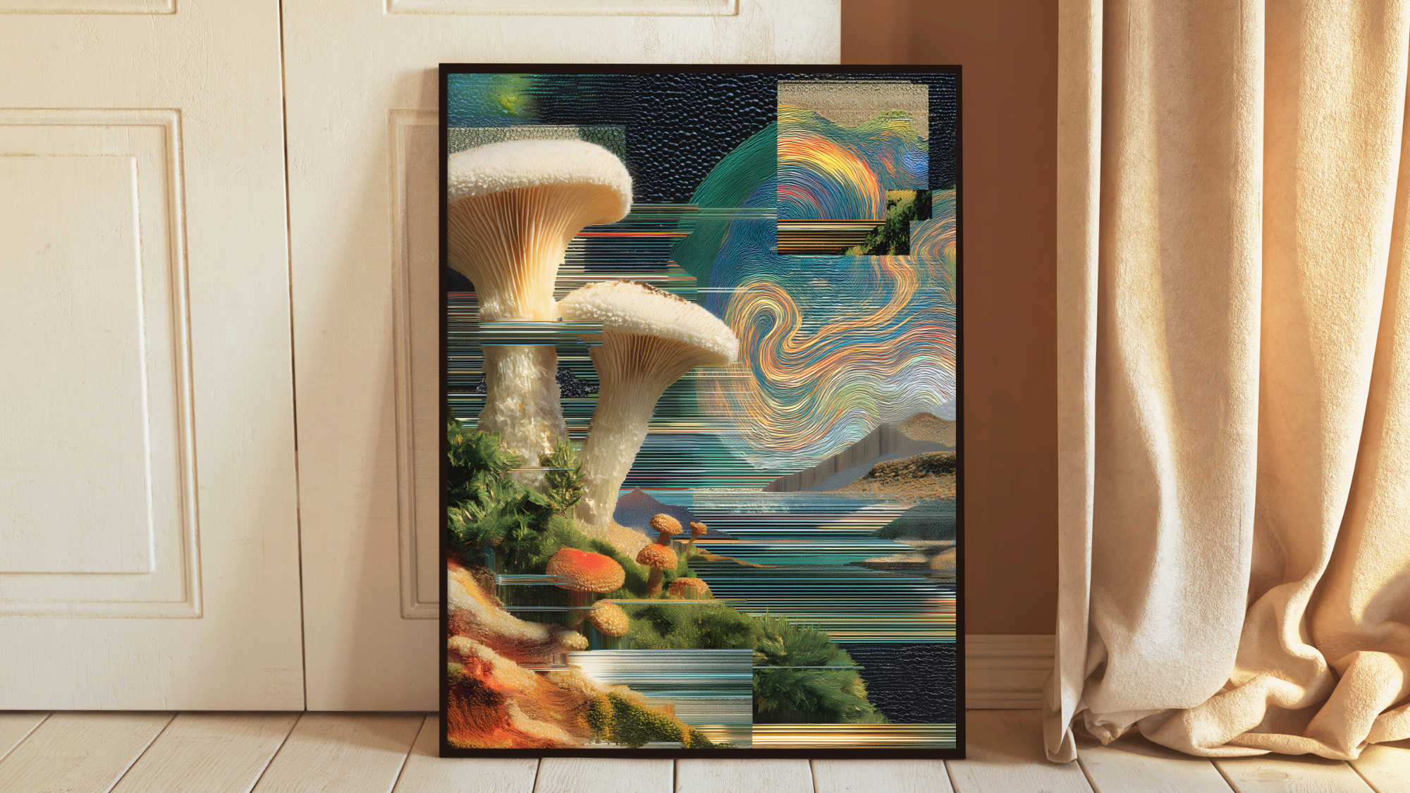 Framed abstract artwork with mushrooms and nature elements on a wall.