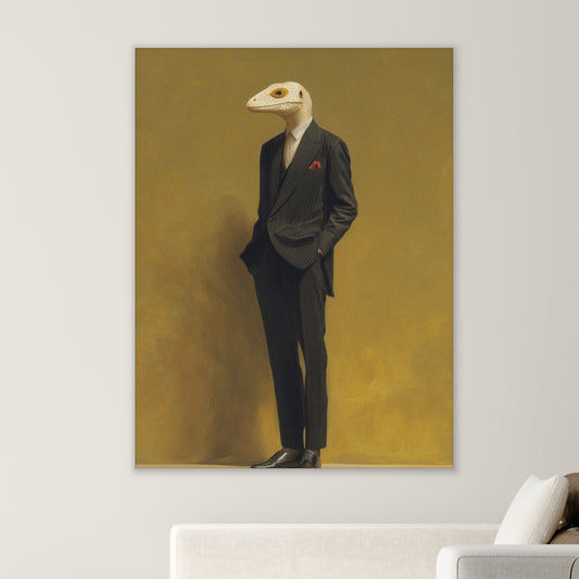 Lizard in a Suit Canvas Print – Surrealist Portrait Wall Art | Eclectic Maximalist Home Decor