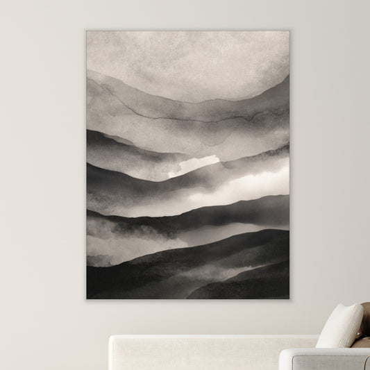 Japandi Mountain Canvas Print – Monochrome Ink Wash Wall Art | Wabi-Sabi Minimal Home Decor
