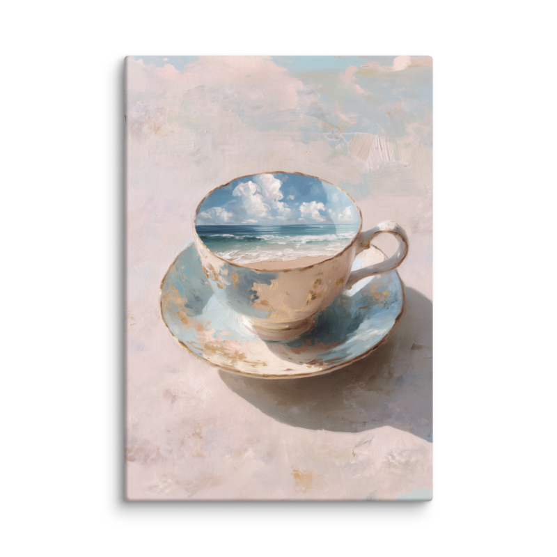 Coastal Teacup Canvas Print – Surreal Ocean Wall Art | Whimsical Beachy Home Decor
