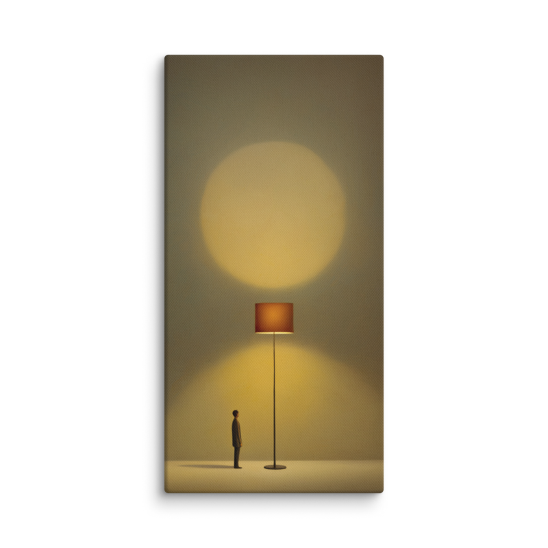 Tiny Figure & Lamp Canvas Print – Minimalist Surrealist Wall Art | Japandi Warm Home Decor