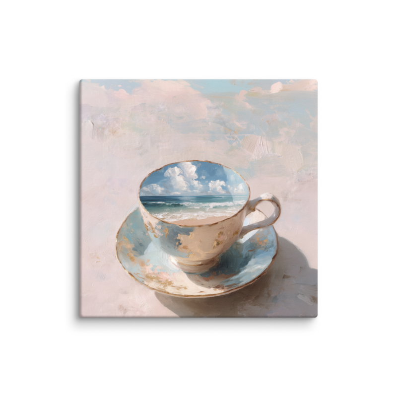 Coastal Teacup Canvas Print – Surreal Ocean Wall Art | Whimsical Beachy Home Decor