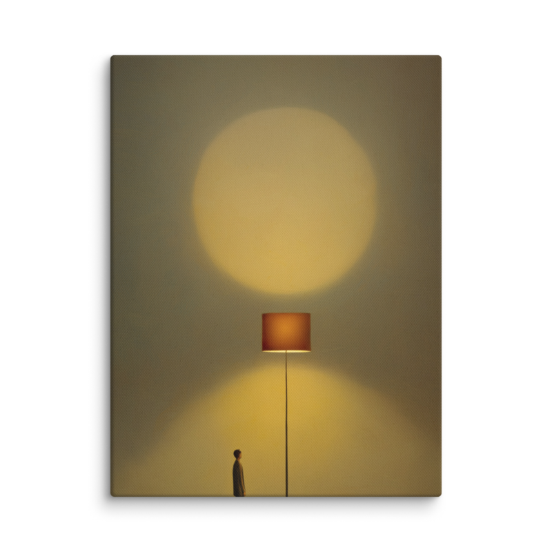 Tiny Figure & Lamp Canvas Print – Minimalist Surrealist Wall Art | Japandi Warm Home Decor