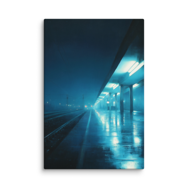 Moody Urban Wall Art – Rainy Train Platform Canvas Print | Dark Blue Cinematic Home Decor