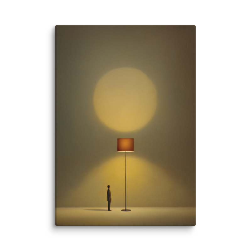 Tiny Figure & Lamp Canvas Print – Minimalist Surrealist Wall Art | Japandi Warm Home Decor