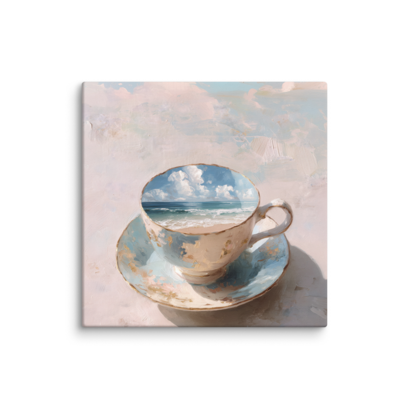 Coastal Teacup Canvas Print – Surreal Ocean Wall Art | Whimsical Beachy Home Decor