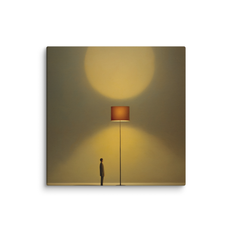 Tiny Figure & Lamp Canvas Print – Minimalist Surrealist Wall Art | Japandi Warm Home Decor