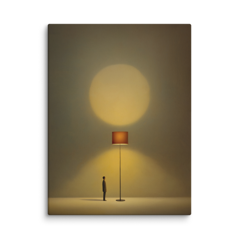 Tiny Figure & Lamp Canvas Print – Minimalist Surrealist Wall Art | Japandi Warm Home Decor
