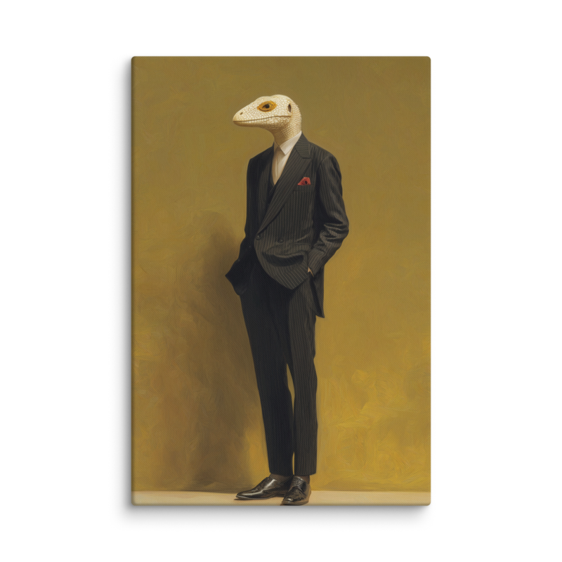 Lizard in a Suit Canvas Print – Surrealist Portrait Wall Art | Eclectic Maximalist Home Decor