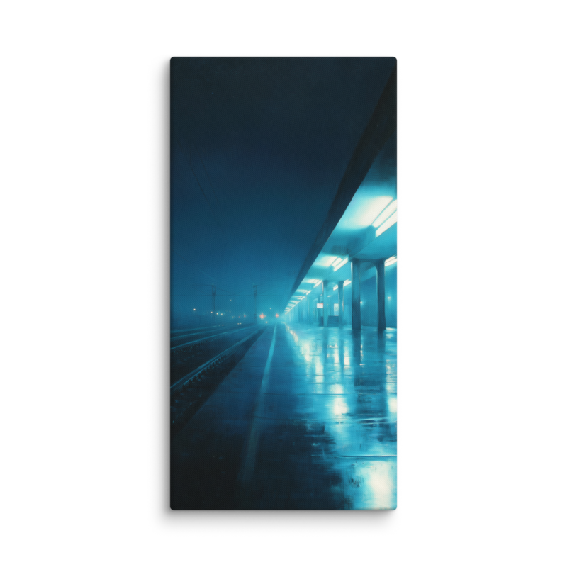 Moody Urban Wall Art – Rainy Train Platform Canvas Print | Dark Blue Cinematic Home Decor