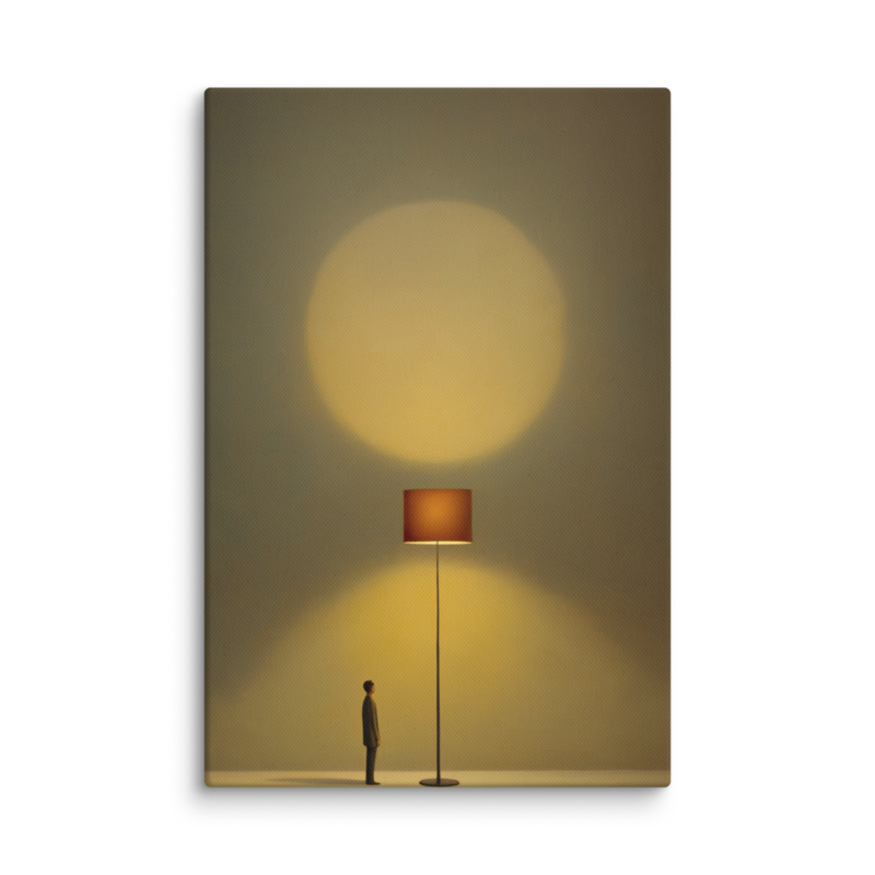 Tiny Figure & Lamp Canvas Print – Minimalist Surrealist Wall Art | Japandi Warm Home Decor