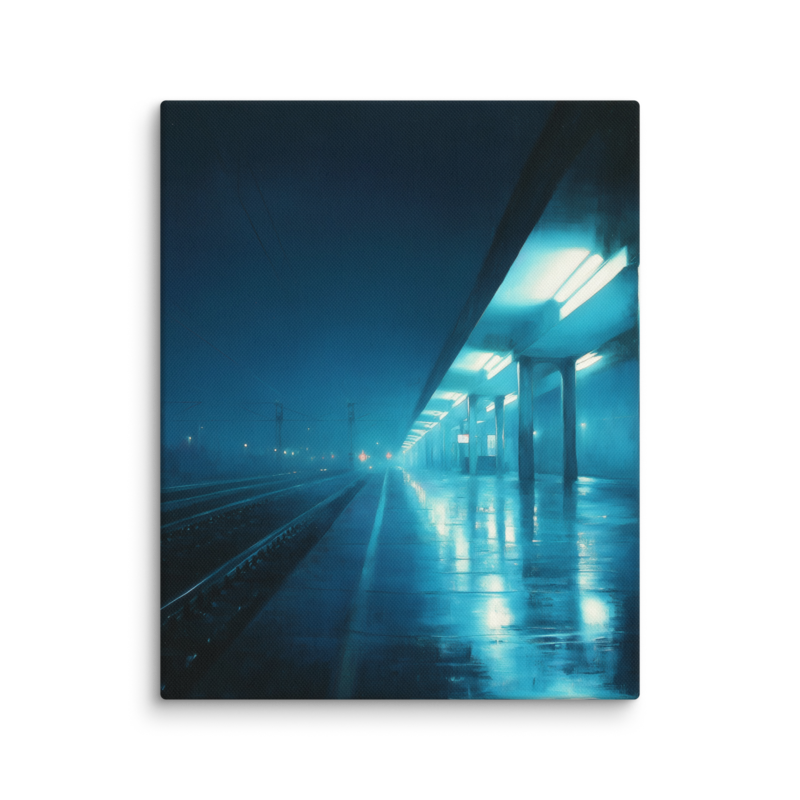 Moody Urban Wall Art – Rainy Train Platform Canvas Print | Dark Blue Cinematic Home Decor