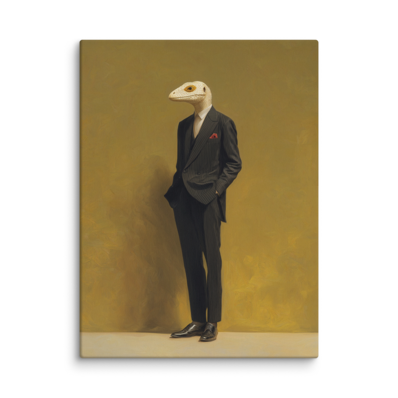 Lizard in a Suit Canvas Print – Surrealist Portrait Wall Art | Eclectic Maximalist Home Decor
