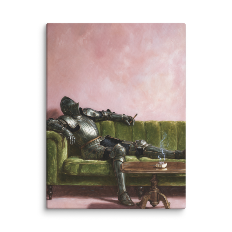 Surrealist Wall Art – Knight on Sofa Canvas Print | Funny Eclectic Maximalist Home Decor