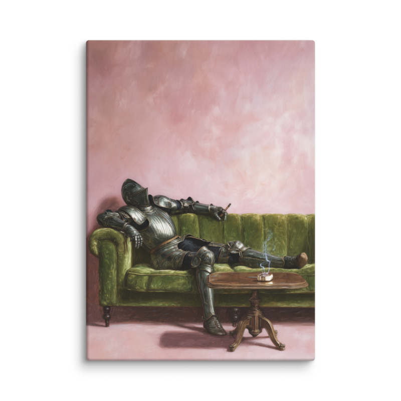 Surrealist Wall Art – Knight on Sofa Canvas Print | Funny Eclectic Maximalist Home Decor
