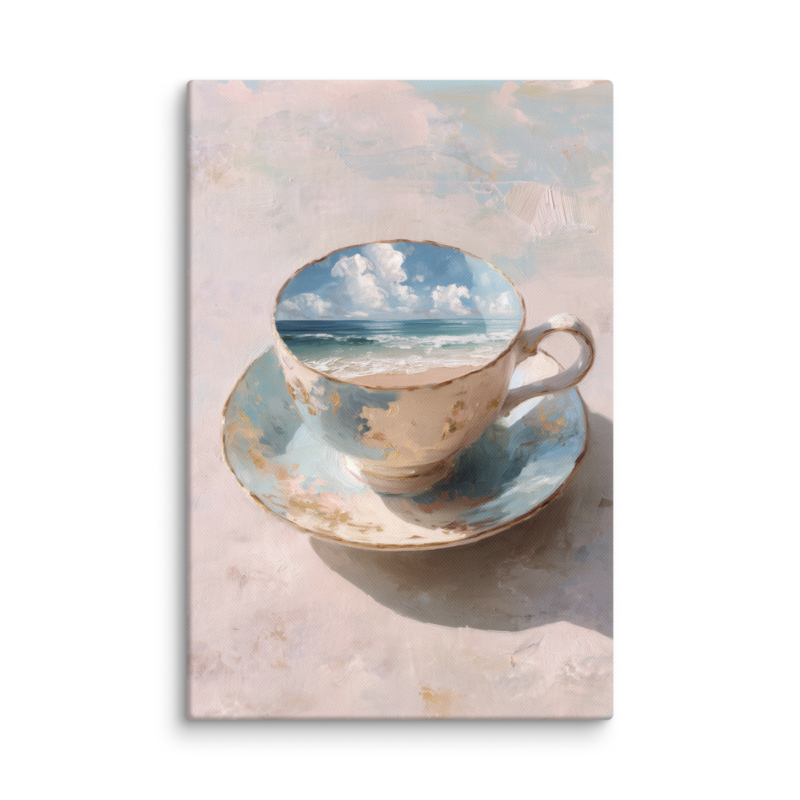 Coastal Teacup Canvas Print – Surreal Ocean Wall Art | Whimsical Beachy Home Decor