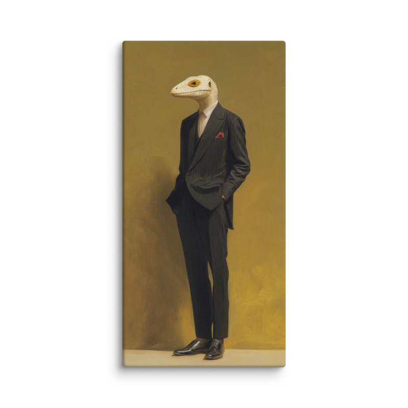 Lizard in a Suit Canvas Print – Surrealist Portrait Wall Art | Eclectic Maximalist Home Decor