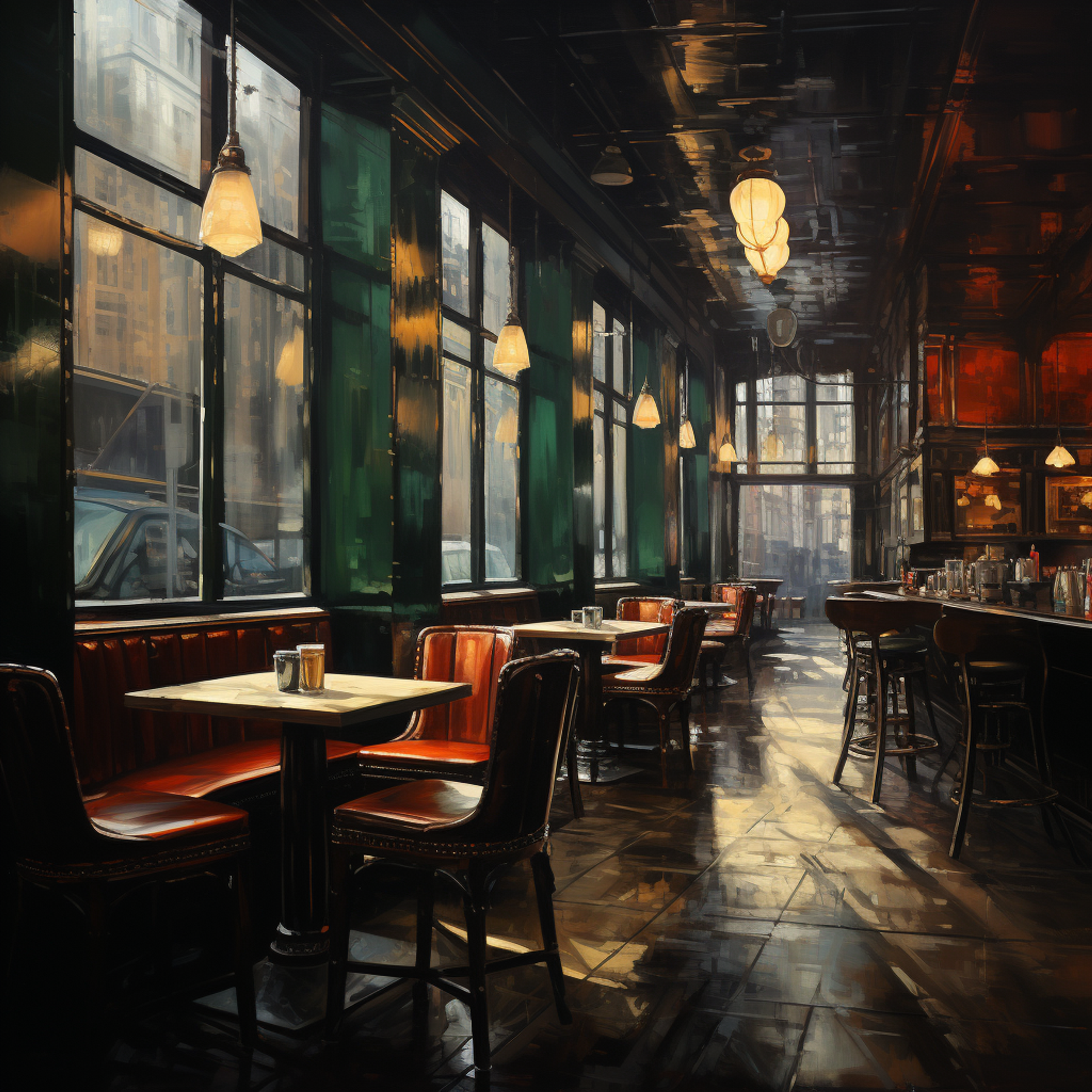 Oil painting style canvas print of a solitary cafe at night, inspired by Edward Hopper