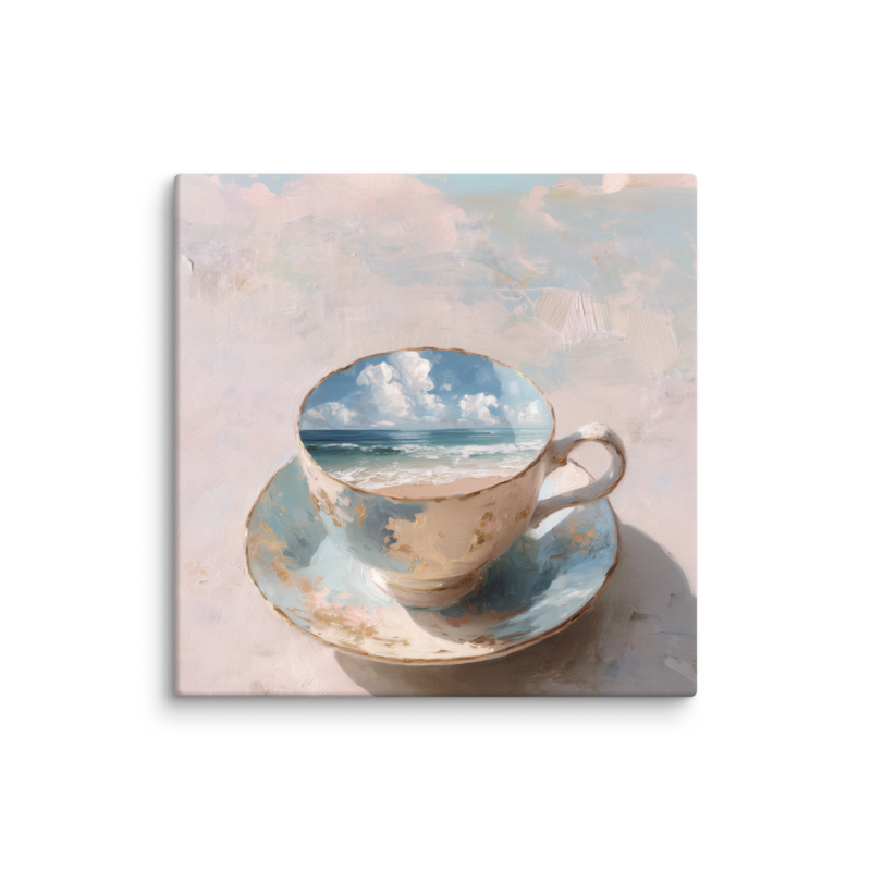 Coastal Teacup Canvas Print – Surreal Ocean Wall Art | Whimsical Beachy Home Decor