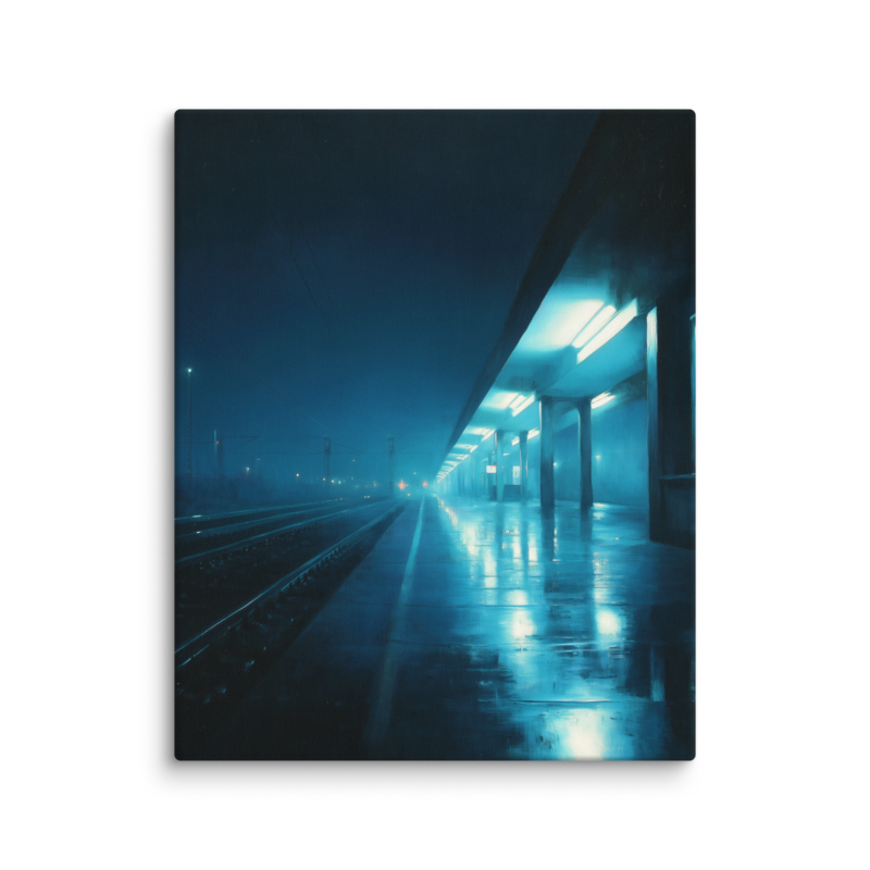 Moody Urban Wall Art – Rainy Train Platform Canvas Print | Dark Blue Cinematic Home Decor
