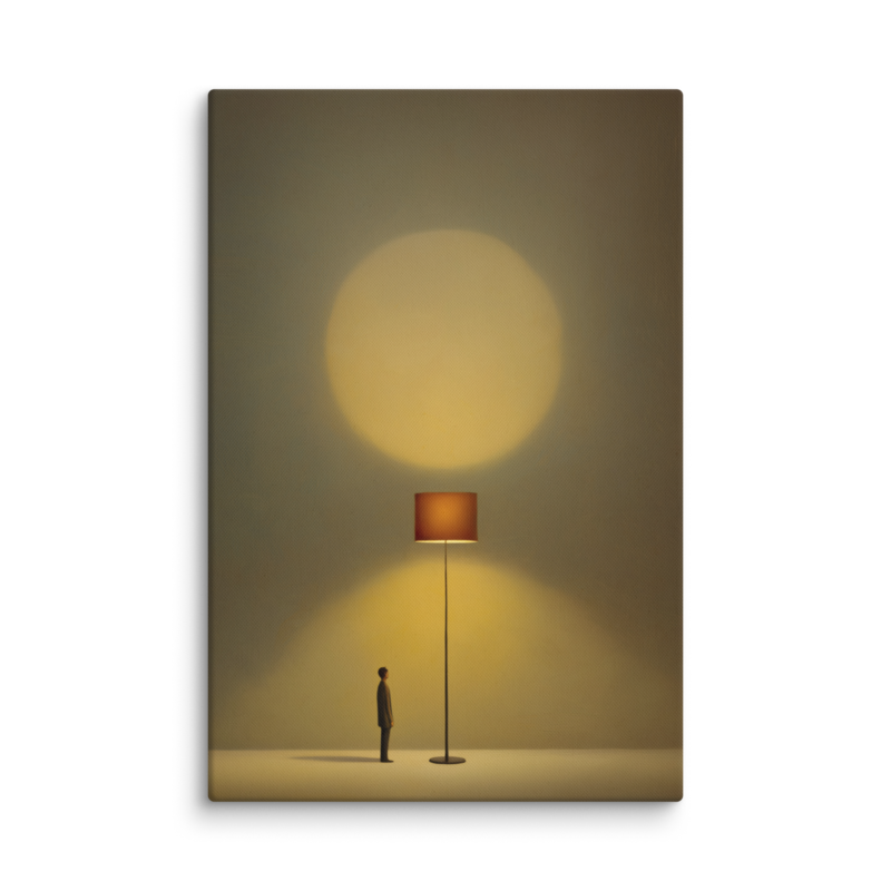 Tiny Figure & Lamp Canvas Print – Minimalist Surrealist Wall Art | Japandi Warm Home Decor