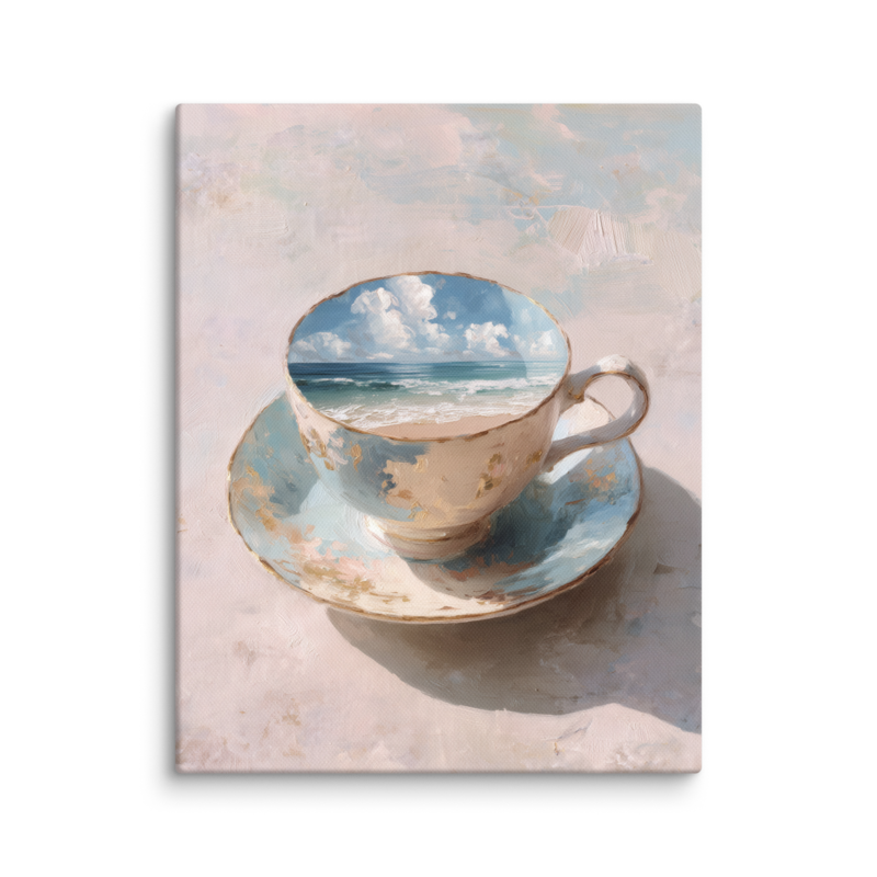 Coastal Teacup Canvas Print – Surreal Ocean Wall Art | Whimsical Beachy Home Decor