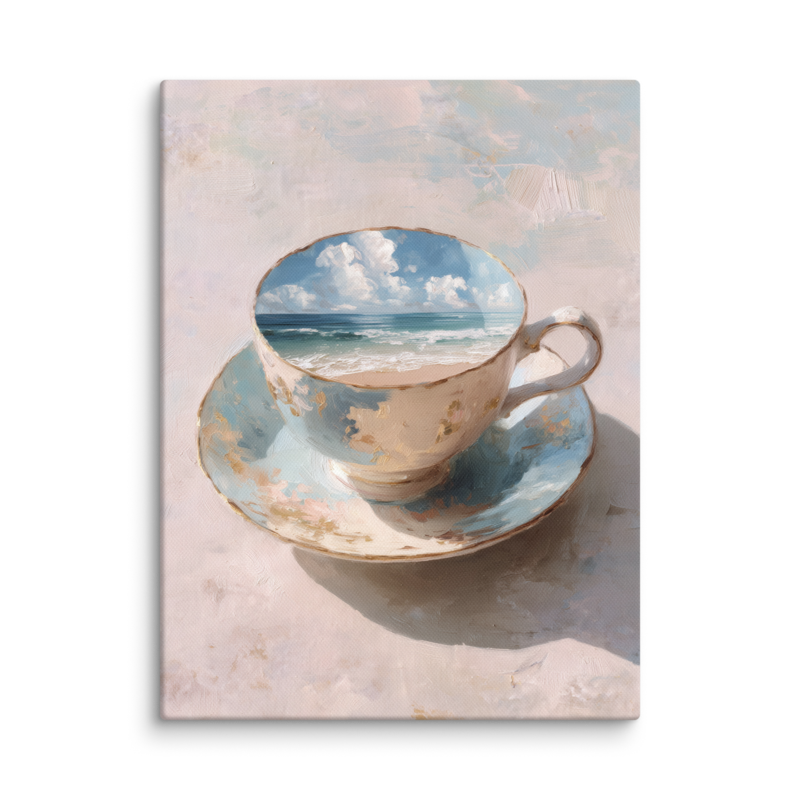 Coastal Teacup Canvas Print – Surreal Ocean Wall Art | Whimsical Beachy Home Decor