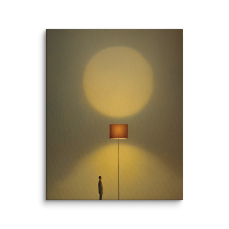 Tiny Figure & Lamp Canvas Print – Minimalist Surrealist Wall Art | Japandi Warm Home Decor