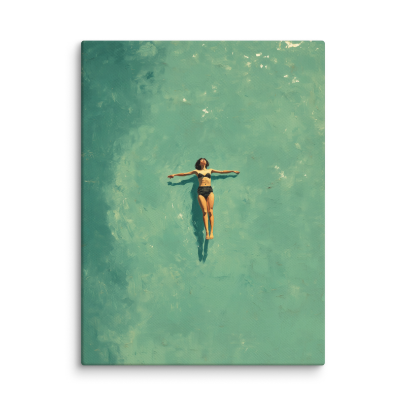 Floating Figure Canvas Print – Teal Pool Wall Art | Minimalist Contemplative Home Decor