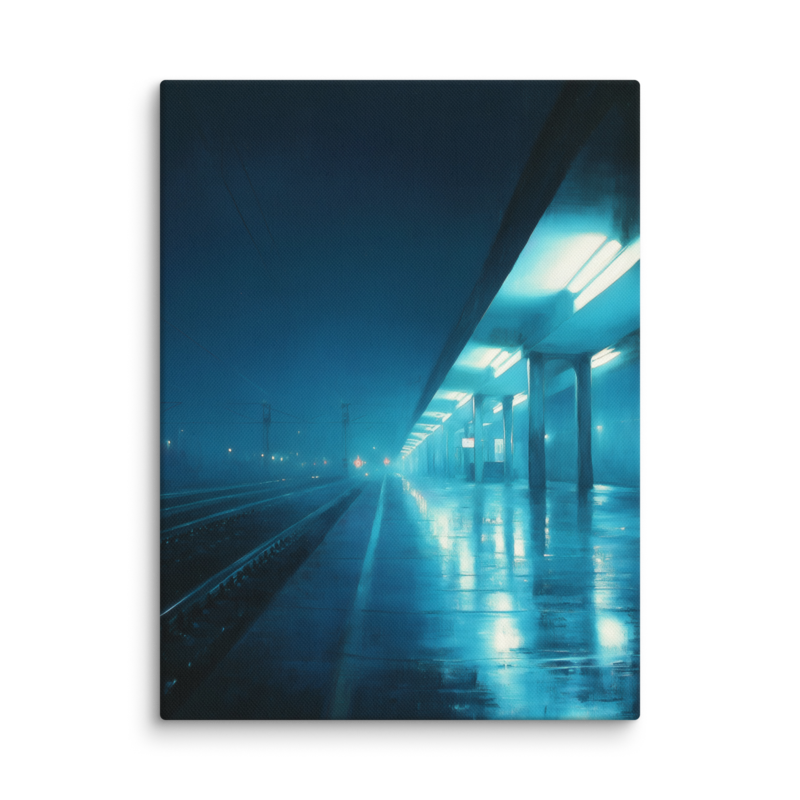 Moody Urban Wall Art – Rainy Train Platform Canvas Print | Dark Blue Cinematic Home Decor