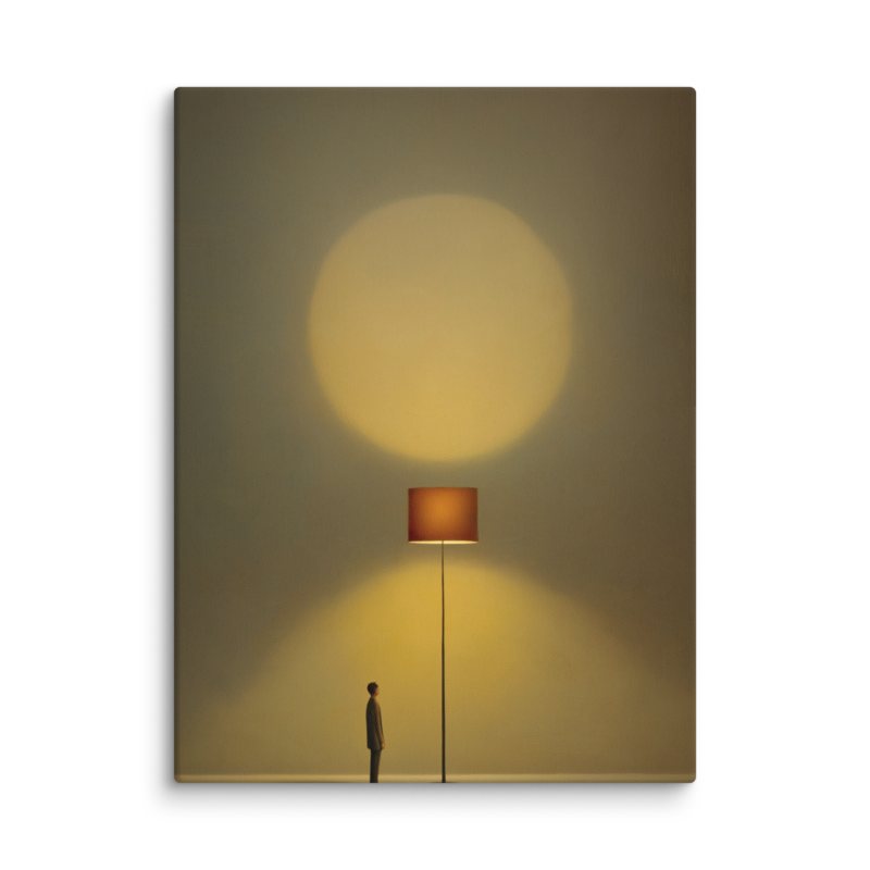Tiny Figure & Lamp Canvas Print – Minimalist Surrealist Wall Art | Japandi Warm Home Decor
