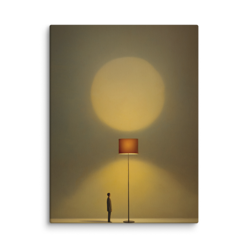 Tiny Figure & Lamp Canvas Print – Minimalist Surrealist Wall Art | Japandi Warm Home Decor