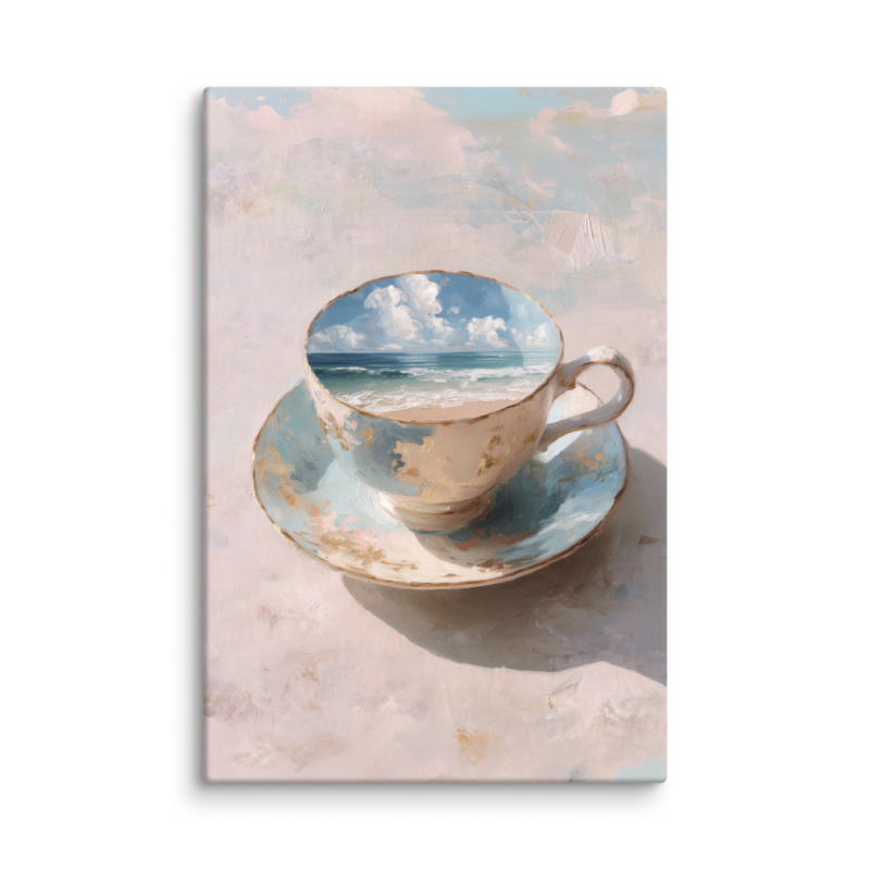 Coastal Teacup Canvas Print – Surreal Ocean Wall Art | Whimsical Beachy Home Decor