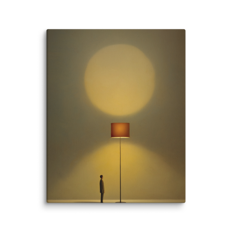 Tiny Figure & Lamp Canvas Print – Minimalist Surrealist Wall Art | Japandi Warm Home Decor