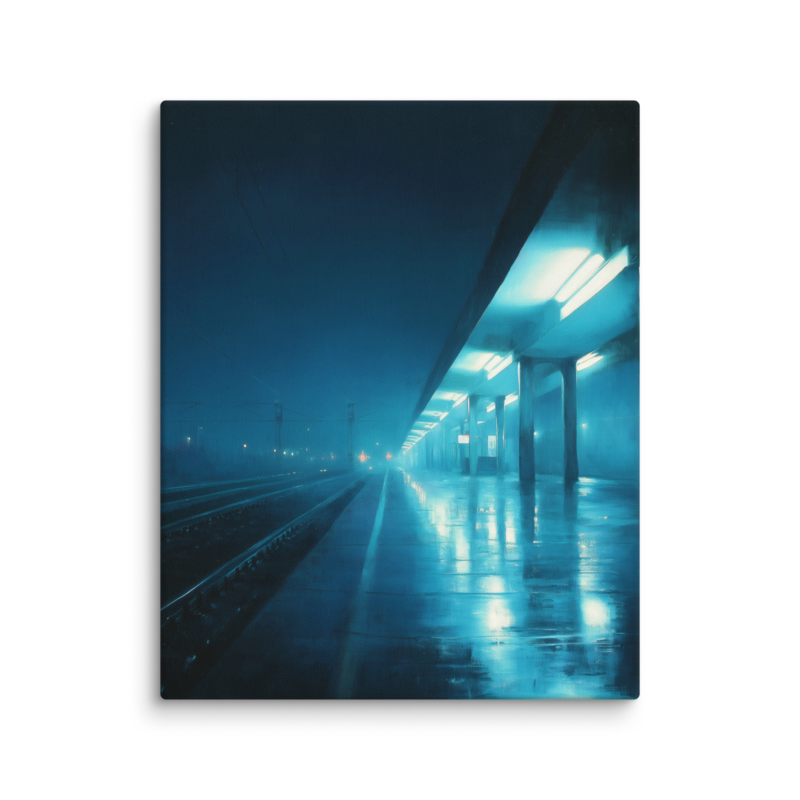 Moody Urban Wall Art – Rainy Train Platform Canvas Print | Dark Blue Cinematic Home Decor