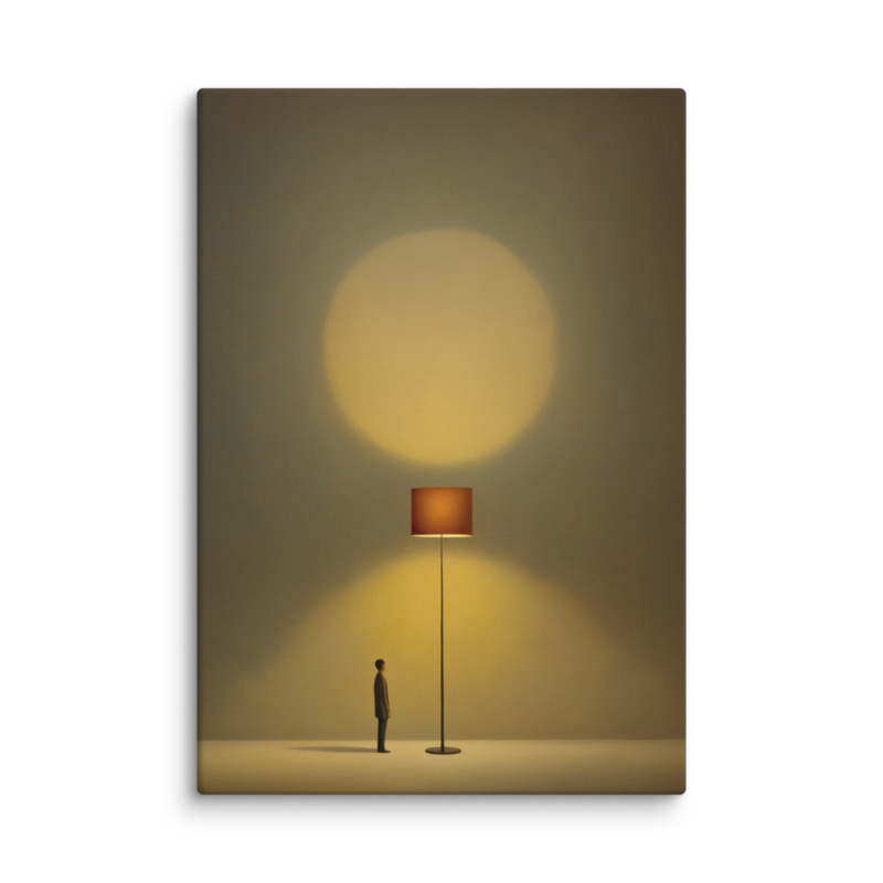 Tiny Figure & Lamp Canvas Print – Minimalist Surrealist Wall Art | Japandi Warm Home Decor