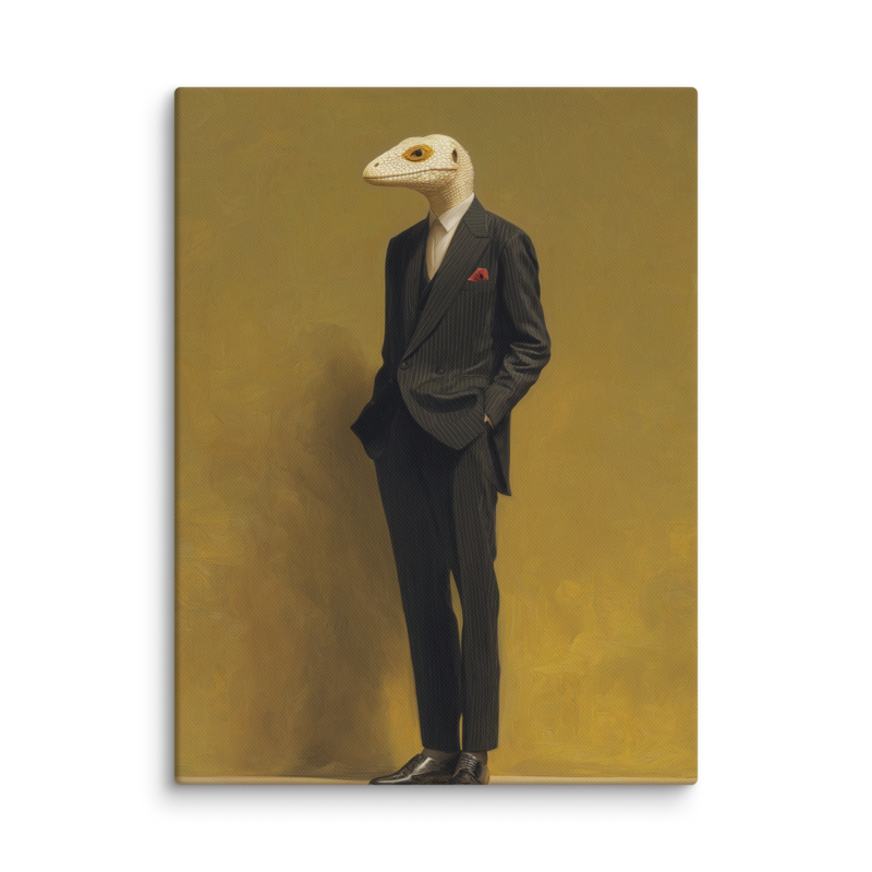 Lizard in a Suit Canvas Print – Surrealist Portrait Wall Art | Eclectic Maximalist Home Decor