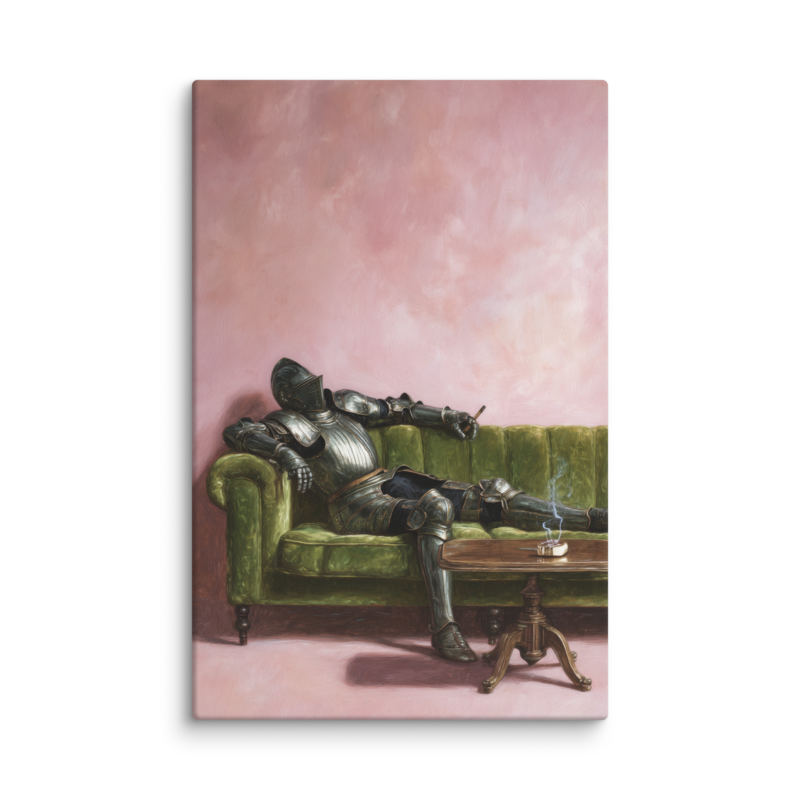 Surrealist Wall Art – Knight on Sofa Canvas Print | Funny Eclectic Maximalist Home Decor