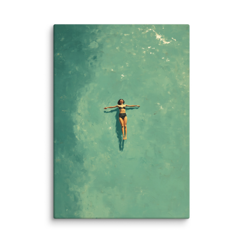 Floating Figure Canvas Print – Teal Pool Wall Art | Minimalist Contemplative Home Decor