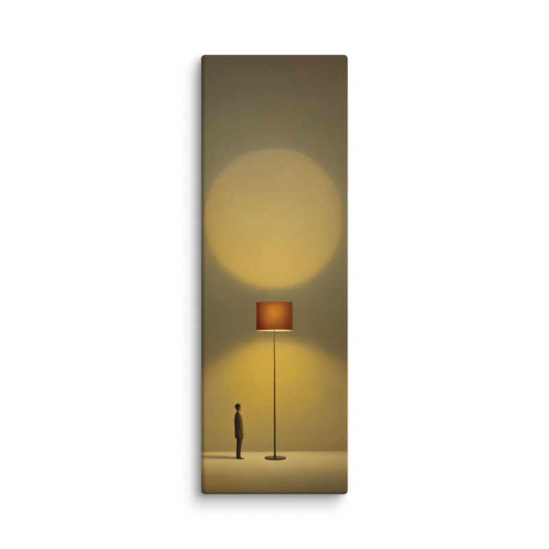 Tiny Figure & Lamp Canvas Print – Minimalist Surrealist Wall Art | Japandi Warm Home Decor
