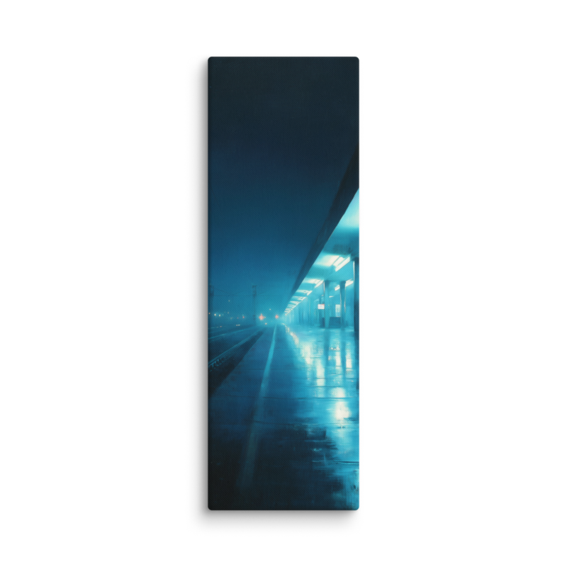 Moody Urban Wall Art – Rainy Train Platform Canvas Print | Dark Blue Cinematic Home Decor