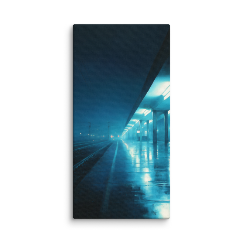 Moody Urban Wall Art – Rainy Train Platform Canvas Print | Dark Blue Cinematic Home Decor