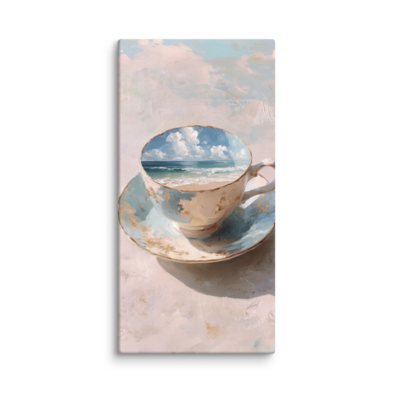 Coastal Teacup Canvas Print – Surreal Ocean Wall Art | Whimsical Beachy Home Decor