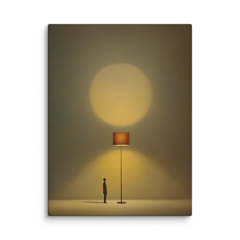 Tiny Figure & Lamp Canvas Print – Minimalist Surrealist Wall Art | Japandi Warm Home Decor