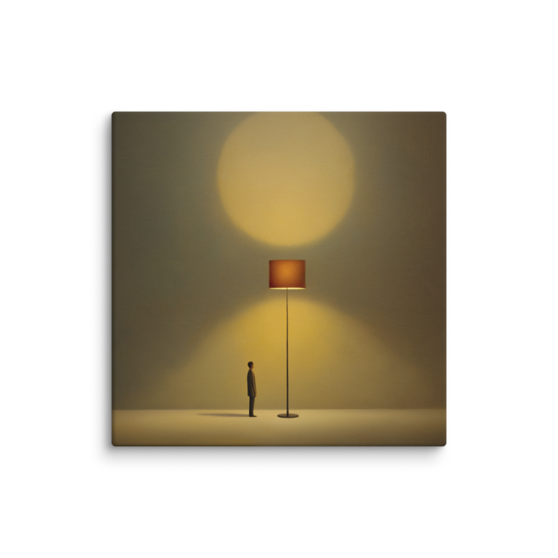 Tiny Figure & Lamp Canvas Print – Minimalist Surrealist Wall Art | Japandi Warm Home Decor