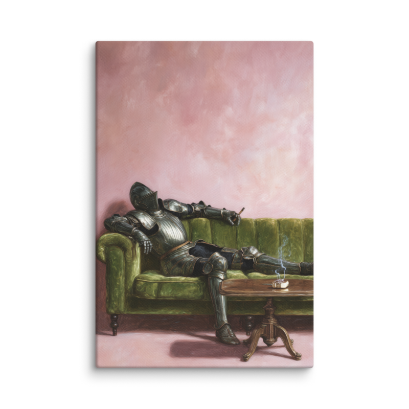 Surrealist Wall Art – Knight on Sofa Canvas Print | Funny Eclectic Maximalist Home Decor